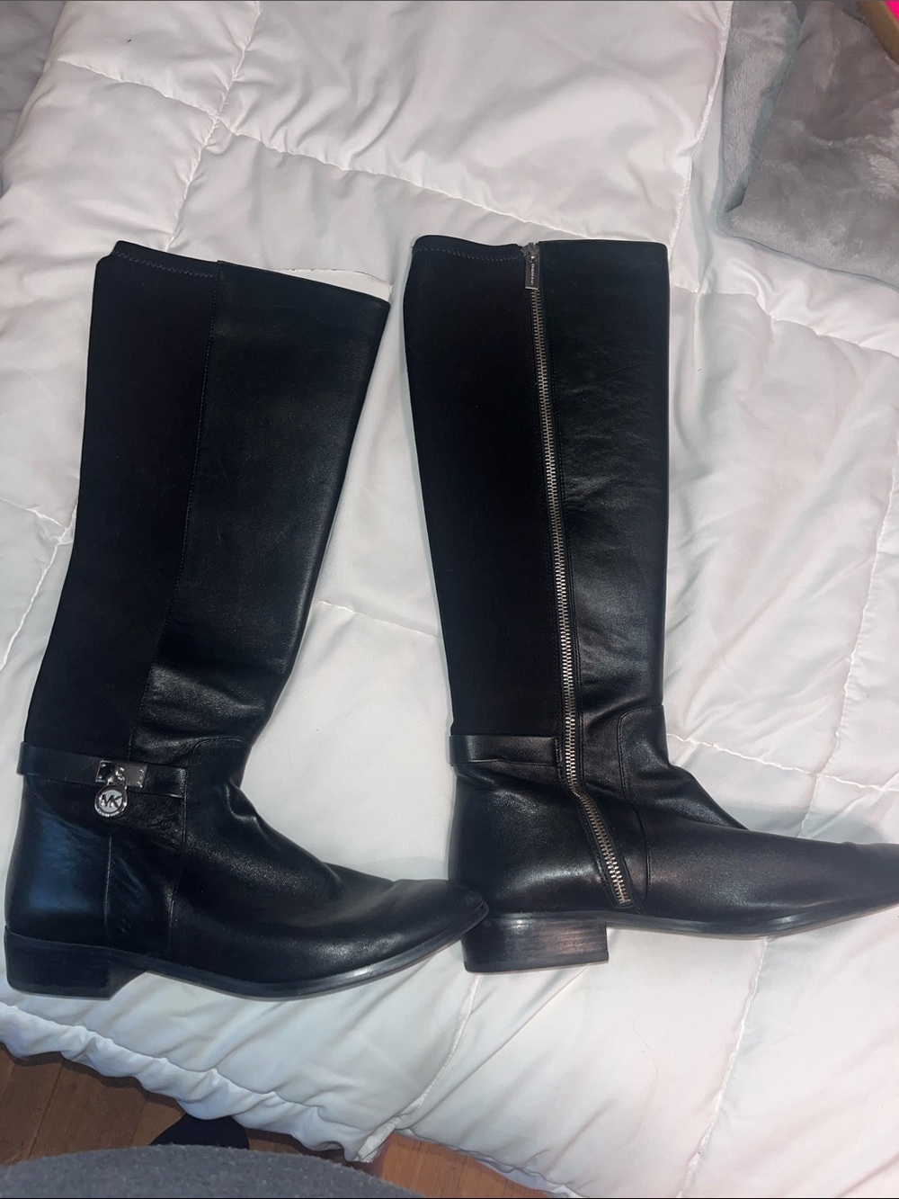 Michael Kors Black Leather Tall Riding Boots with MK Logo Charm